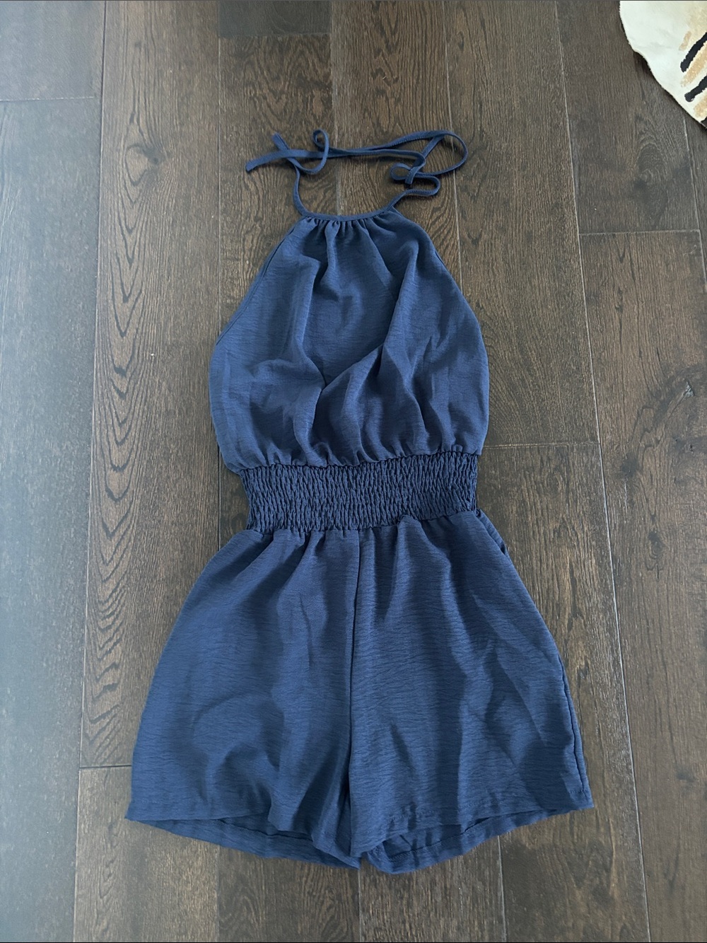 Navy Halter Romper with Smocked Waist